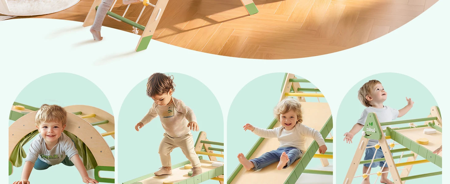 Robotime Robud 7 in 1 Triangle Set Foldable Wooden Climbing Toy Montessori Foldable Climbing Set with Rope Net for Girls Boys