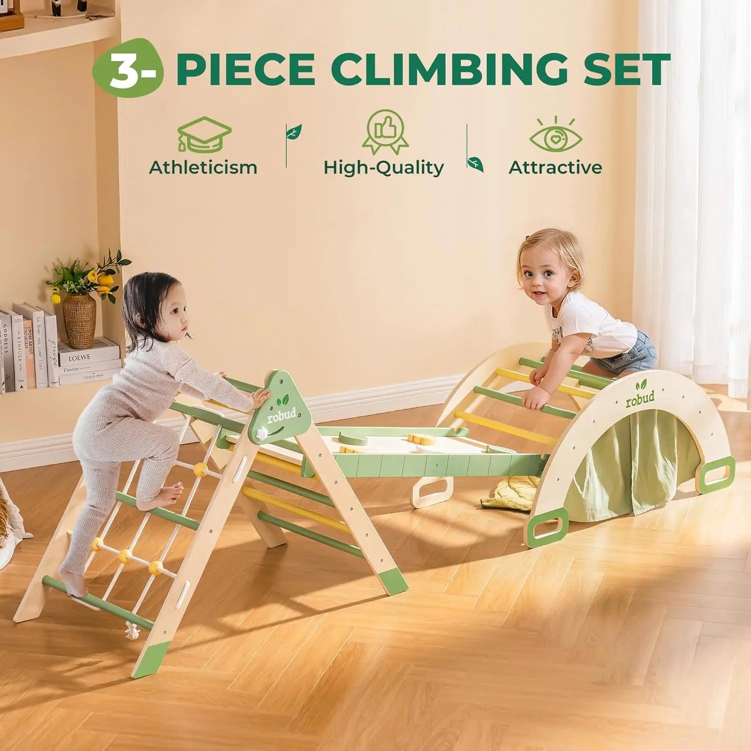 Robotime Robud 7 in 1 Triangle Set Foldable Wooden Climbing Toy Montessori Foldable Climbing Set with Rope Net for Girls Boys