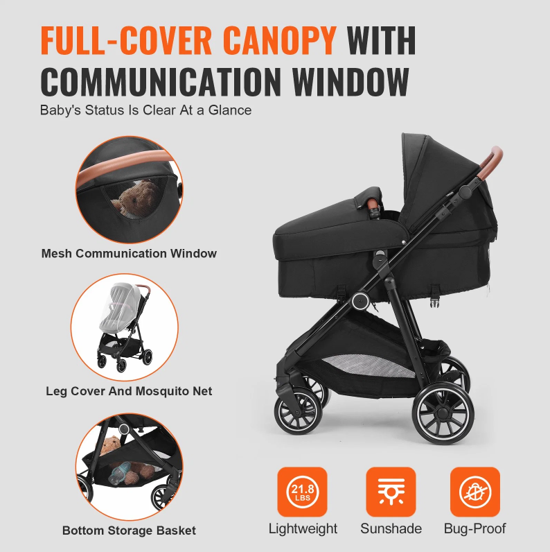 Carbon Steel Newborn Stroller With Leg Cover And Mesh