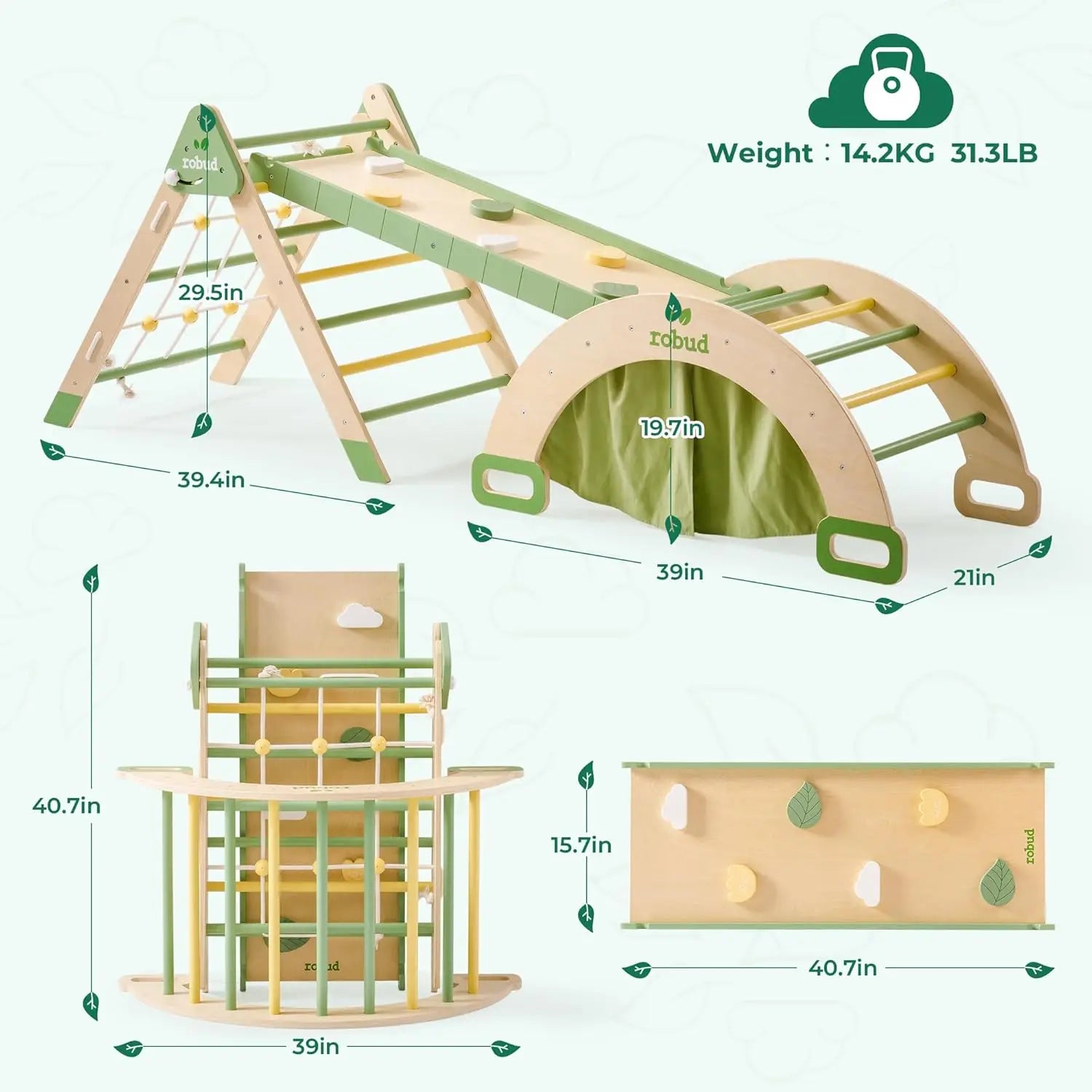 Robotime Robud 7 in 1 Triangle Set Foldable Wooden Climbing Toy Montessori Foldable Climbing Set with Rope Net for Girls Boys